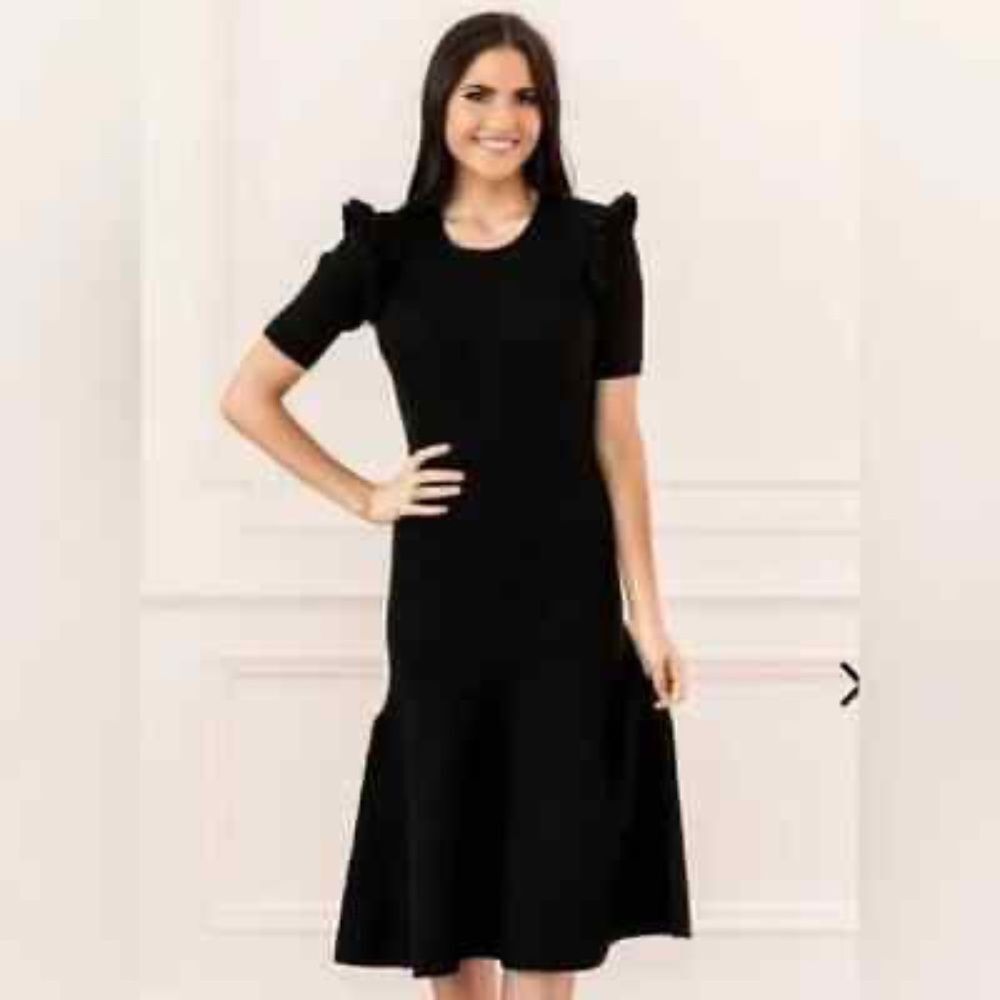 Rachel Parcell Brooklyn Women's Black Knit Ruffle Shoulder Midi Dress Sz L